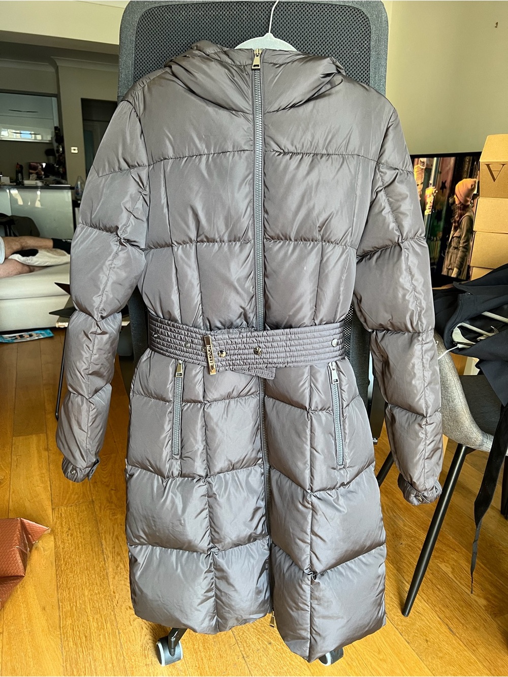 Moncler Brown Quilted Hooded Belted Puffer Coat